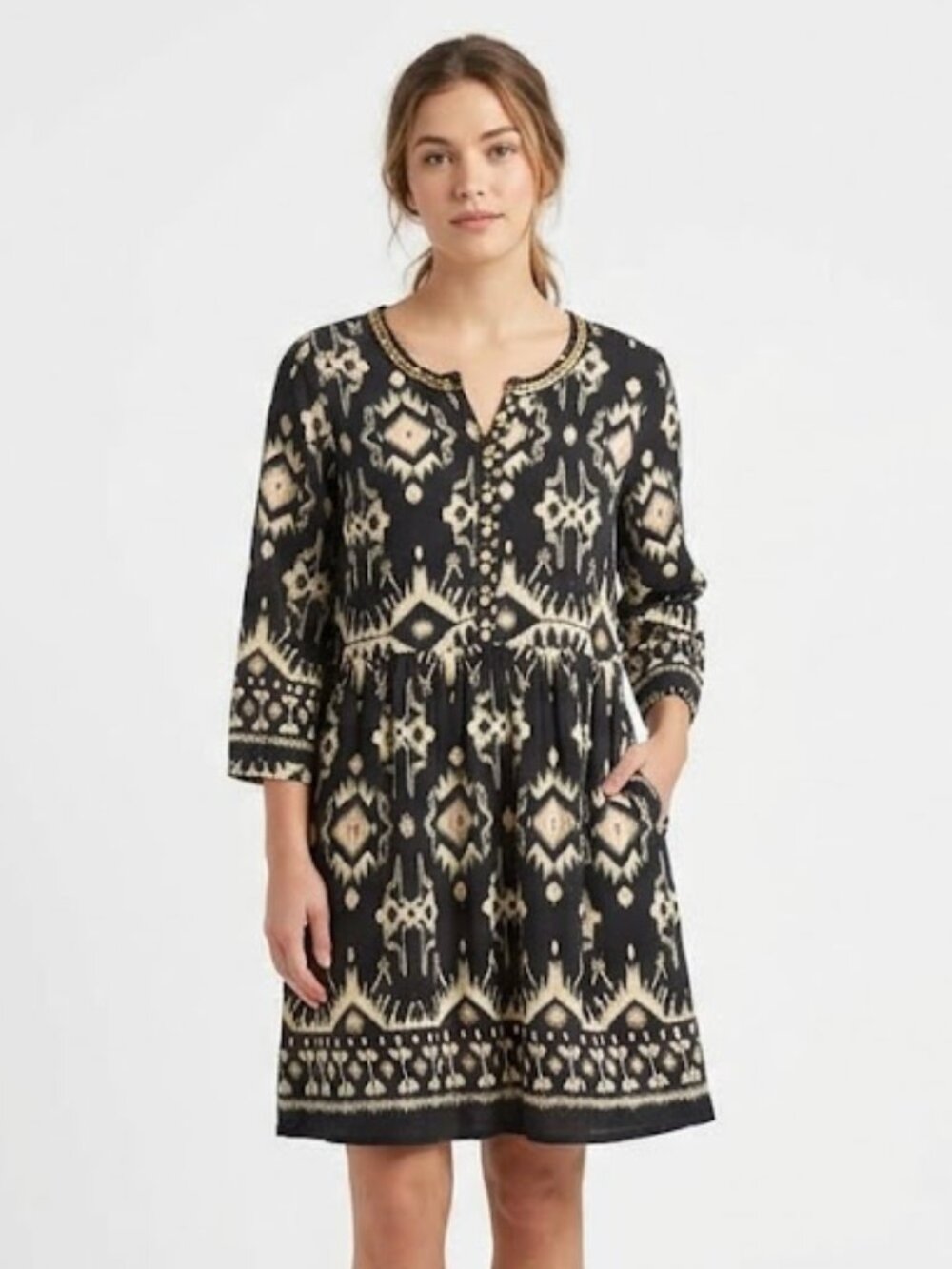 World Market Boho Geometric Aztec Beaded Cotton Midi Dress Tunic Pockets L/XL